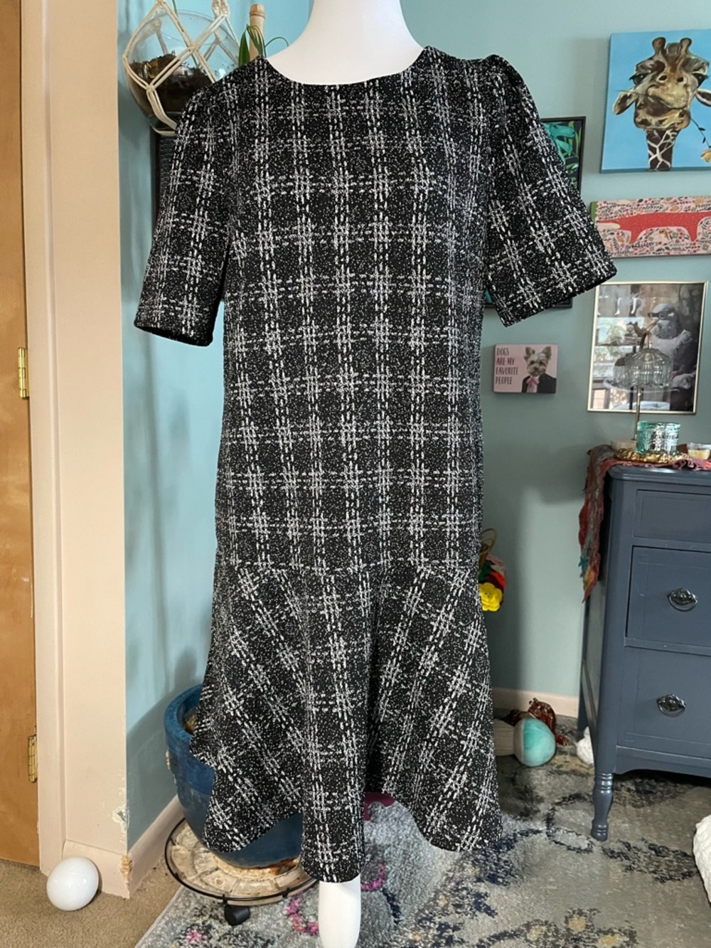 Loft Black and  White Plaid Short Sleeve Drop-Waist Dress